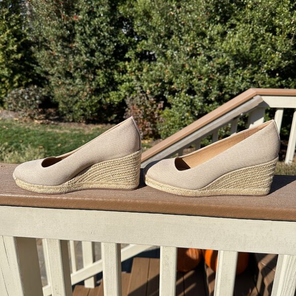 NWOT Crew Wedge Womens 7 Tan Cream Espadrilles Jute Platforms Canvas Sandals - Picture 7 of 11